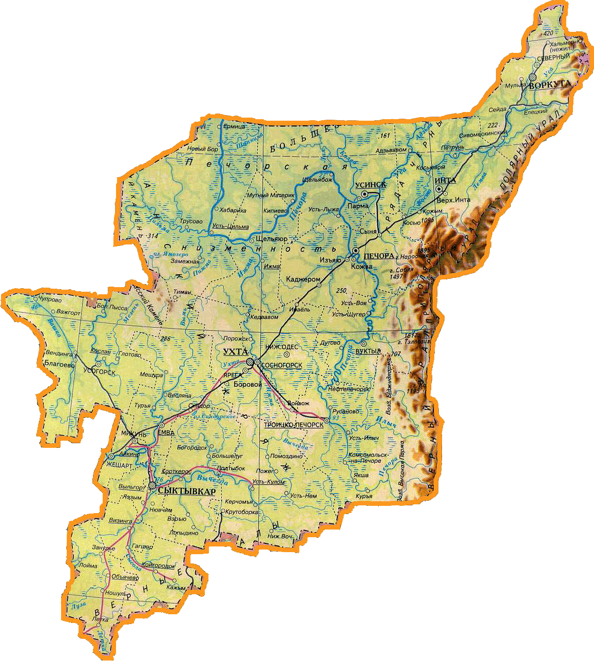 Республика Коми с картой. Карта Республики Коми с районами. Карта Коми Республики на карте с городами. Физическая карта Республики Коми.